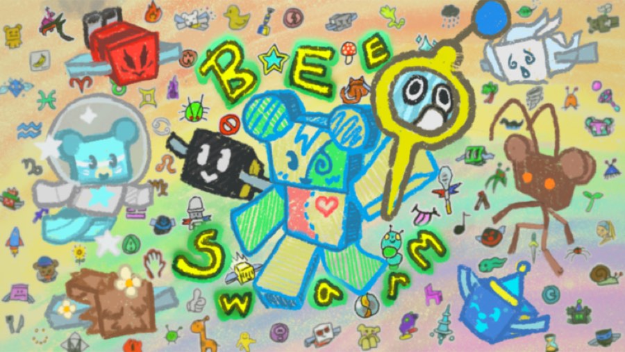 Hand-drawn crayon-style collage of Bee Swarm Simulator bees and bears