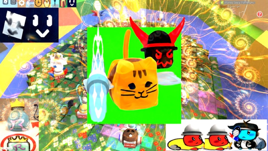 A cat-faced bee token glowing in a firework-lit field