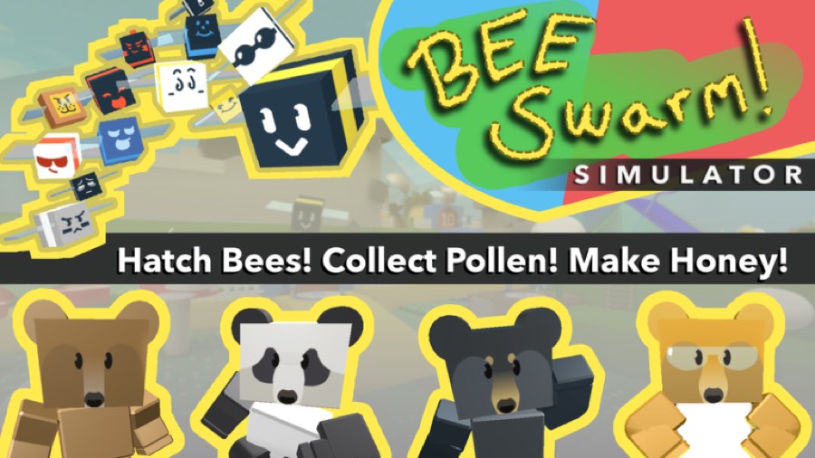 Bee Swarm Simulator banner reading Hatch Bees, Collect Pollen, Make Honey above four bears
